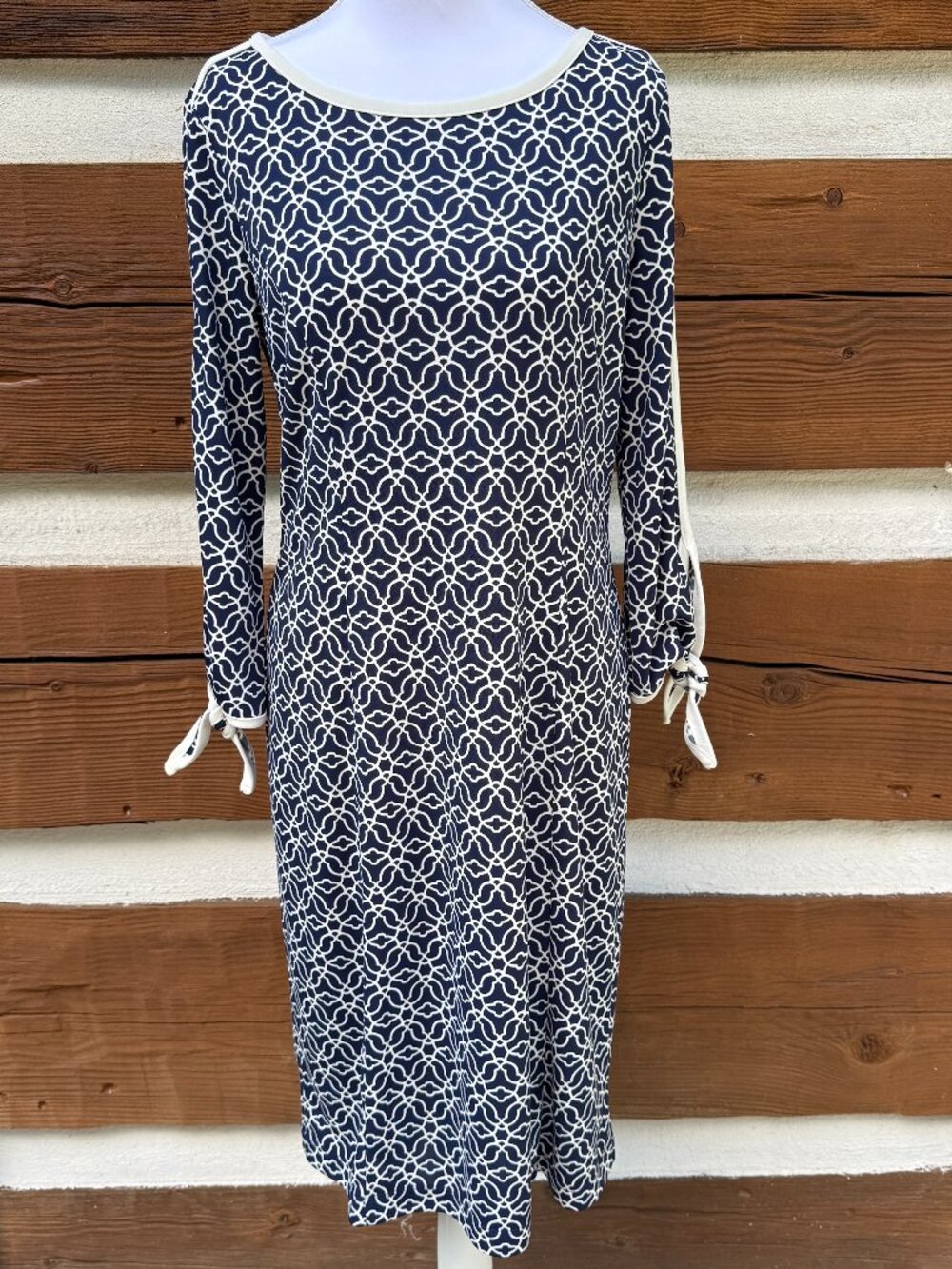 TALBOTS Dress. Stretch, Tie Sleeves, Geometric Blue & White Trim. Small S. MINT